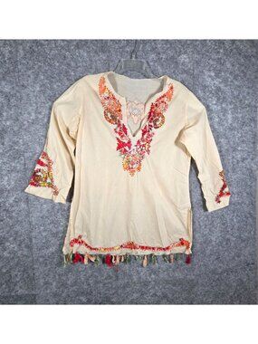 Becca By Rebecca V Women's Blouse Fringe Long Sleeve EmboardaryvCream Sz S/M
